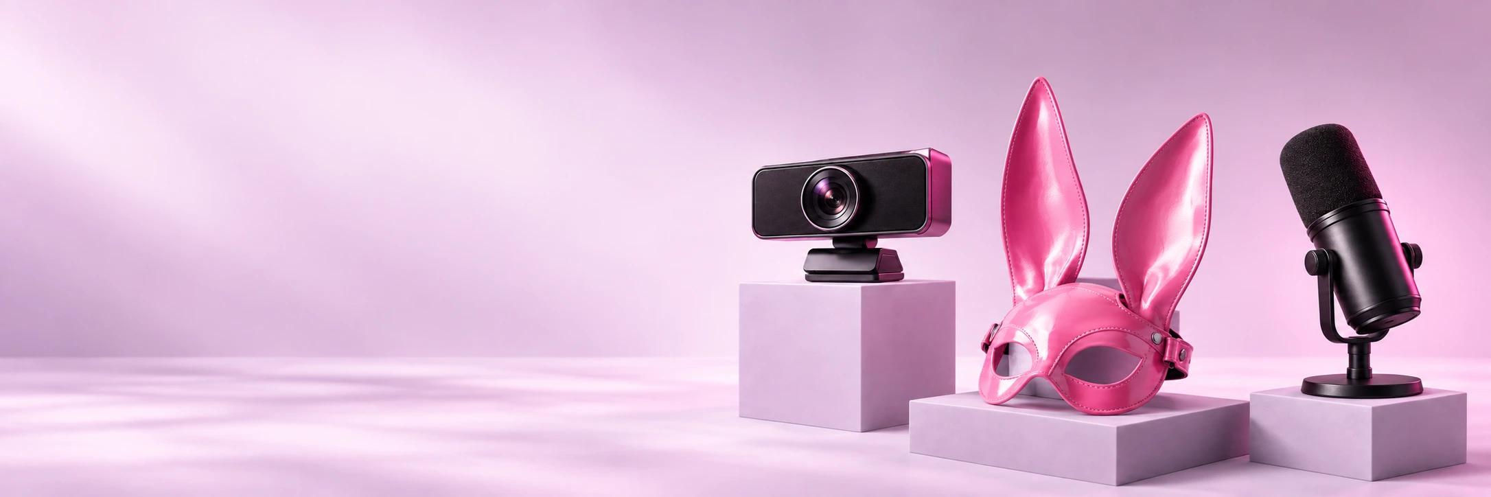 A premium webcam, microphone and pink rabbit eye mask